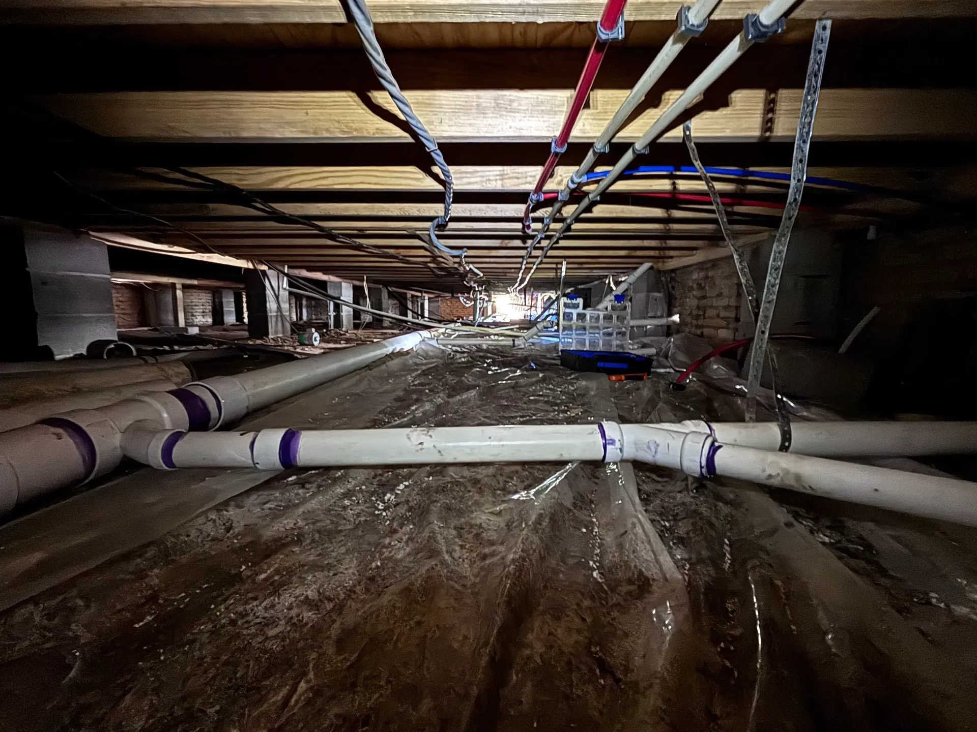 Crawlspace re-pipe with new PEX water lines and PVC drain lines strapped and secured